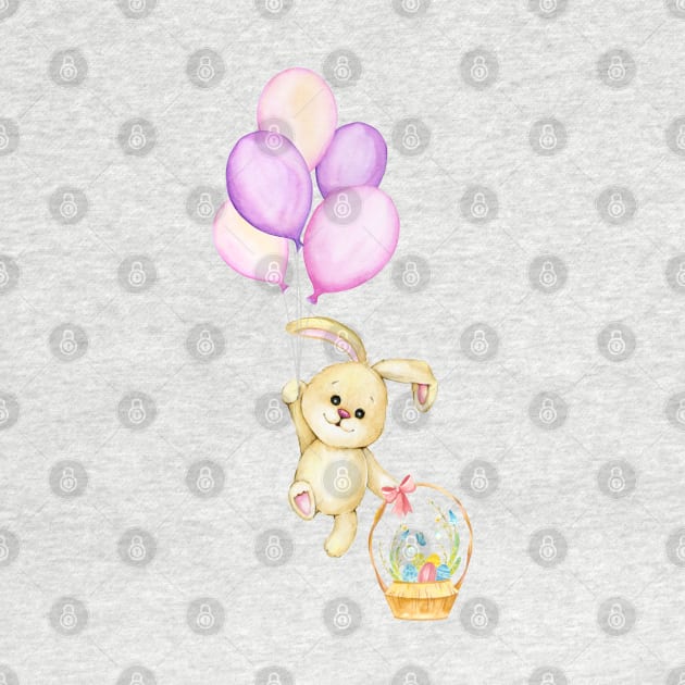 Cute bunny holding balloons and Easter egg basket floats up to the sky. by Be my good time